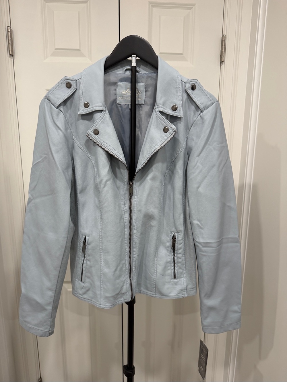 Sebby Light Blue Leather Moto Jacket